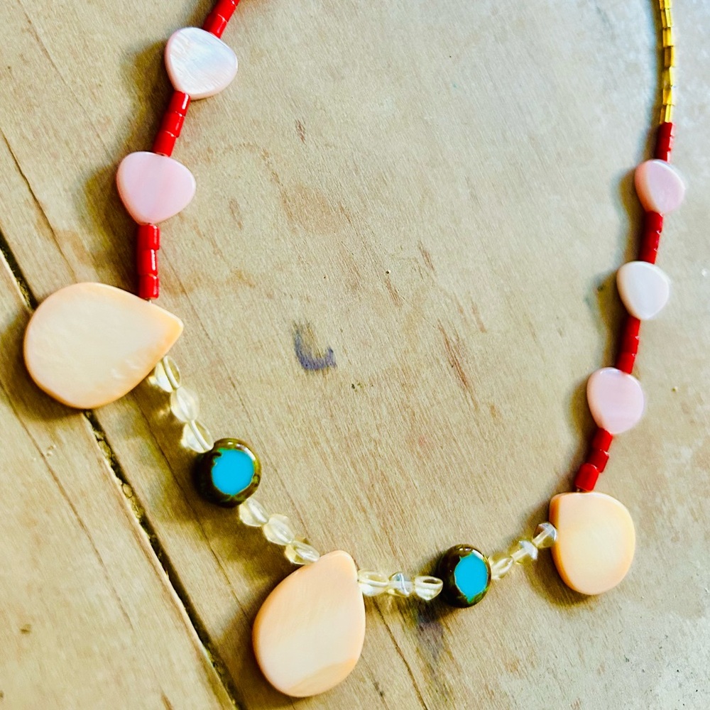 Genuine mother of pearl in orange drops and pink hearts with vintage beads